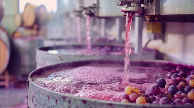 Macro perspective of grape juice undergoing fermentation in stainless steel tanks