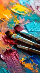 Fototapeta premium Close-up of paintbrushes with vibrant acrylic paint strokes. Artistic creativity concept