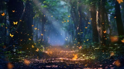 Fototapeta premium Illustrations of fireflies shine like stars, providing enchanting beauty and awe. Mystical night in forest background. Ai generated