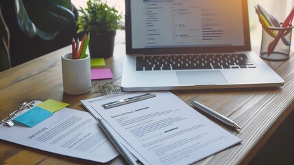 Obraz premium Close-up Of Modern Office Workspace With Laptop, Documents, And Stationery On Wooden Desk In Natural Lighting - Perfect For Business, Remote Work, And Professional Presentations, Resume, Contracts 