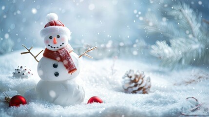 Fototapeta premium Happy snowman standing in christmas landscape. Snow background with copy space