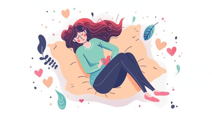 Obraz premium Illustration of woman relaxing on pillows with hearts and books
