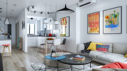 chic and compact city apartment living room with space-saving furniture, bright pops of color...