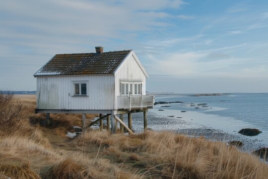 White wooden shelter elevated on stilts, located on the northern seashore. Ideal for beach architecture, coastal retreats, and scenic views