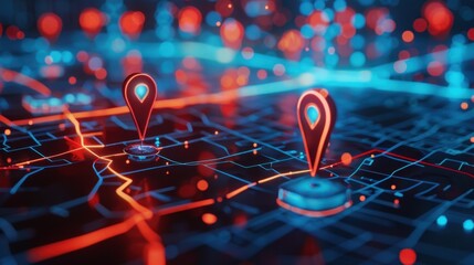 A digital map with glowing red and blue lines highlights two locations with glowing red pins.