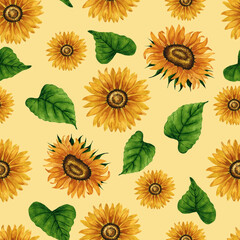Watercolor sunflower seamless pattern. Floral background with yellow flowers. Summer floral composition. Autumn flowers arrangement. Hand drawn botanical illustration for packaging, textile, scrapbook