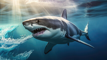 Great white shark swimming in the ocean water with open mouth and teeth.