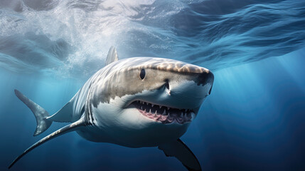 Great white shark swimming in the ocean water with open mouth and teeth.