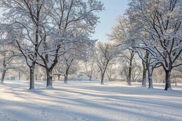 Fototapeta premium Serene Winter Landscape: Snow-Covered Trees, Park Paths, and Tranquil Views.