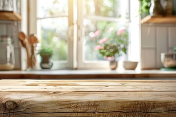 Wooden table on a blurred background of a kitchen window and shelves.