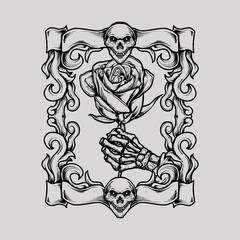 skeleton hand holding rose with skull ornament line art vector illustration design