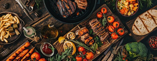 BBQ with grilled food, top view banner.