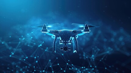 Close-up view of a drone with an action video camera on an abstract blue background. Ai generated