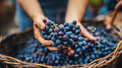Close up of hands picking ripe grapes and harvesting fruit into a basket for winemaking