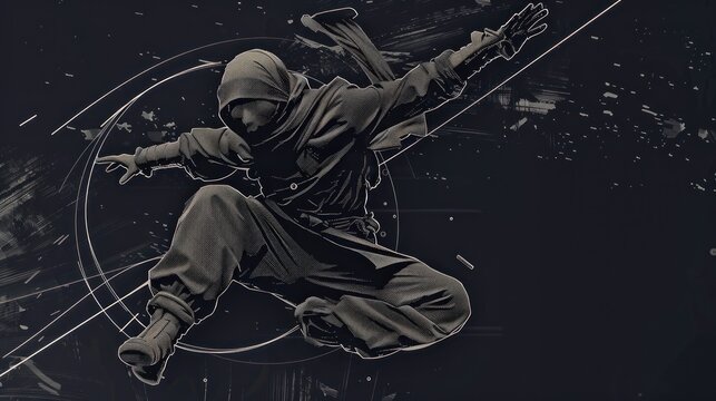 Close up view of a Cyborg ninja jumping, with digital shurikens, wide dark banner background with copy space. Ai generated