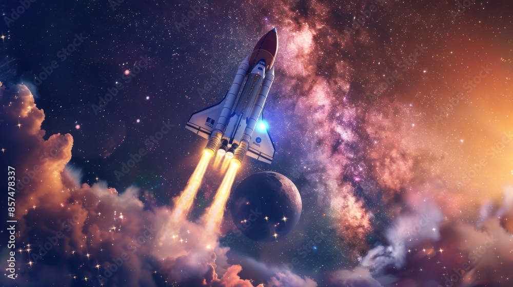 Wall mural illustration of a rocket taking off into space and exploring the vastness of the universe. ai genera