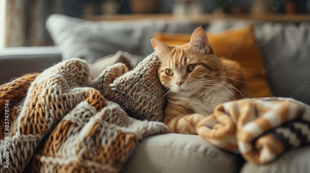 Aufkleber A ginger tabby cat is resting comfortably on a couch surrounded by blankets. The cat is looking off to the side with a relaxed expression. Generative AI