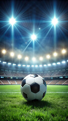Obraz premium soccer ball lies on the grass against the background of a football stadium and stands, match, sport, competition, world cup, european cup, championship, spotlights, sky, markings, game, victory, team