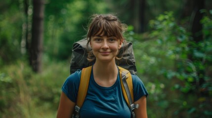 Naklejka premium A young woman smiles while hiking through a forest, wearing a backpack