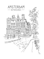 Мобильное устройствоVector liner sketches architecture of Amsterdam, Holland, hand drawing sketch, graphic illustration. Urban sketch in black color isolated on white background. Hand drawn travel pos