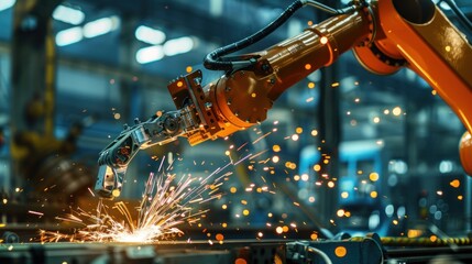 A close-up of a robotic arm is seen working in a factory, surrounded by sparks. Ai generated image
