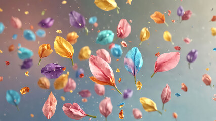 Fond graphique coloré avec pétales de fleurs en envol et flottant dans l'air