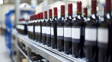 Close up view of wine bottles being precisely labeled in a meticulous production process