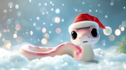 Cute Snake with Santa Hat in Snowy Setting, Generative AI