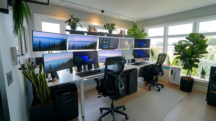 state-of-the-art home office with multiple monitors, adjustable standing desks, and smart home technology for a productive and connected work environment