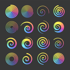 Set of rainbow color spirals. Abstract swirl shapes with bright multi color gradient. Twisting circles. Summer design elements. Isolated vector icons