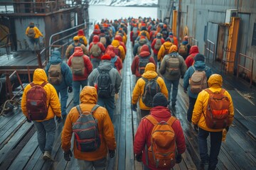 A crowd of individuals wearing colorful jackets is seen walking on a dock, suggesting a sense of unity and adventure as they move towards a common destination on a palpable journey.