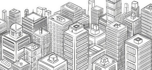 Black and White Architectural Illustration: Cityscape with Detailed Buildings