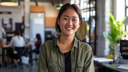 Asian businesswoman in a casual work environment - An Asian businesswoman in a creative or tech startup office, smiling and relaxed, showing a more casual and modern work culture