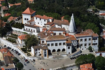 Panoramic view of historical centre of Sintra, Portugal, with main square and National Palace, seen from the Moorish Castle.