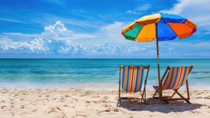 Beach chairs and umbrella - A pair of beach chairs and a colorful umbrella set up on a sandy beach, with a clear blue sky and sea in the background