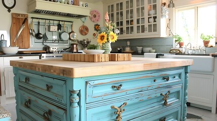 Obraz premium vintage-style kitchen island made from a repurposed dresser, painted in a cheerful blue and topped with a butcher block counter, serving as the centerpiece of a cottage kitchen