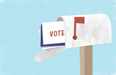A mailbox and vote by mail ballot, in a cut paper style with textures
