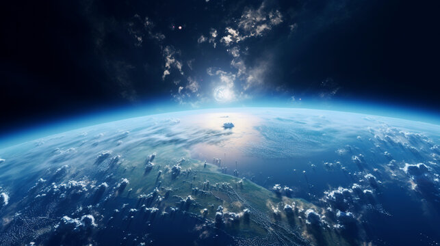 A breathtaking view of Earth from space, showcasing the planets vibrant blue atmosphere and fluffy white clouds