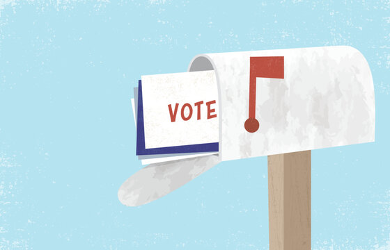 A mailbox and vote by mail ballot, in a cut paper style with textures
