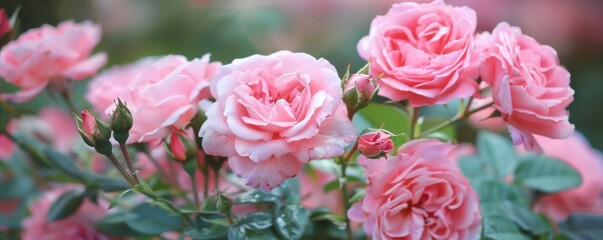 Fototapeta premium Pink roses in full bloom, close-up of delicate petals. Nature and beauty concept