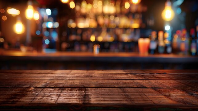a close up of a rustic empty wooden table with blurred bar with dinks and cokctails background