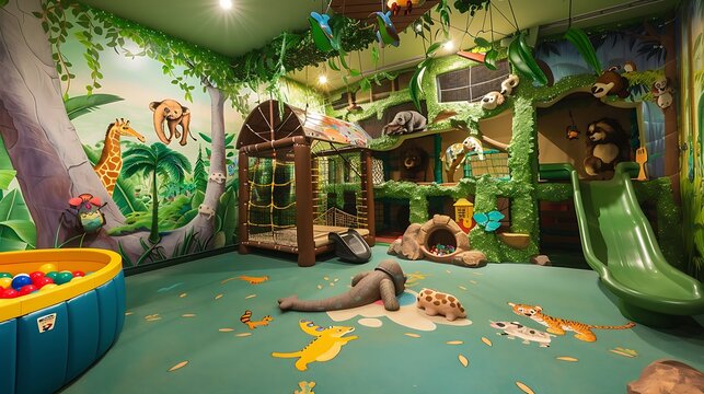 whimsical playroom with a jungle gym, a slide leading into a ball pit, and walls painted to look like a jungle with hidden animals throughout