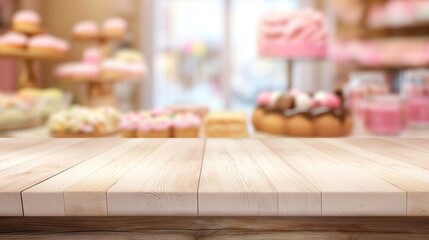 Fototapeta premium a close up of a rustic empty wooden table with blurred confectionery shop background