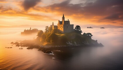 Obraz premium An isolated island surrounded by fog, with mysterious ruins and mythical creatures.