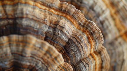 Macro shot of turkey tail mushroom textures - Extreme close-up of the texture and fine details of a turkey tail mushroom's surface, highlighting its intricate patterns