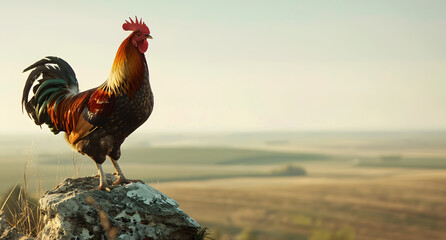 rooster perched on the rock on top of a mountain