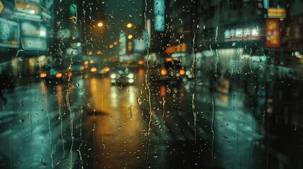 moody double exposure of raindrops on a window blended with an urban street scene, portraying a reflective atmosphere