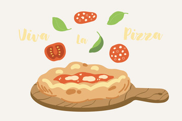 Vector hand painted traditional Italian cuisine: Margherita pizza with mozzarella cheese and basil illustration Cute flat simple hand drawn icon collection for menu posters and social media