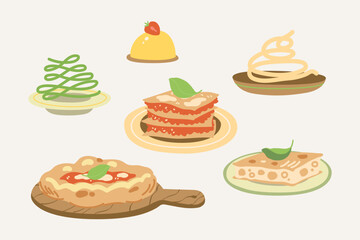 Vector hand painted traditional Italian cuisine: pizza focaccia and pasta with mozzarella cheese and basil illustration Cute flat simple hand drawn icon collection for menu posters and social media