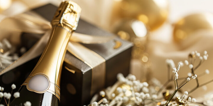 Geschenkebox mit Deko und Champagner Flasche als Hintergrund Motiv